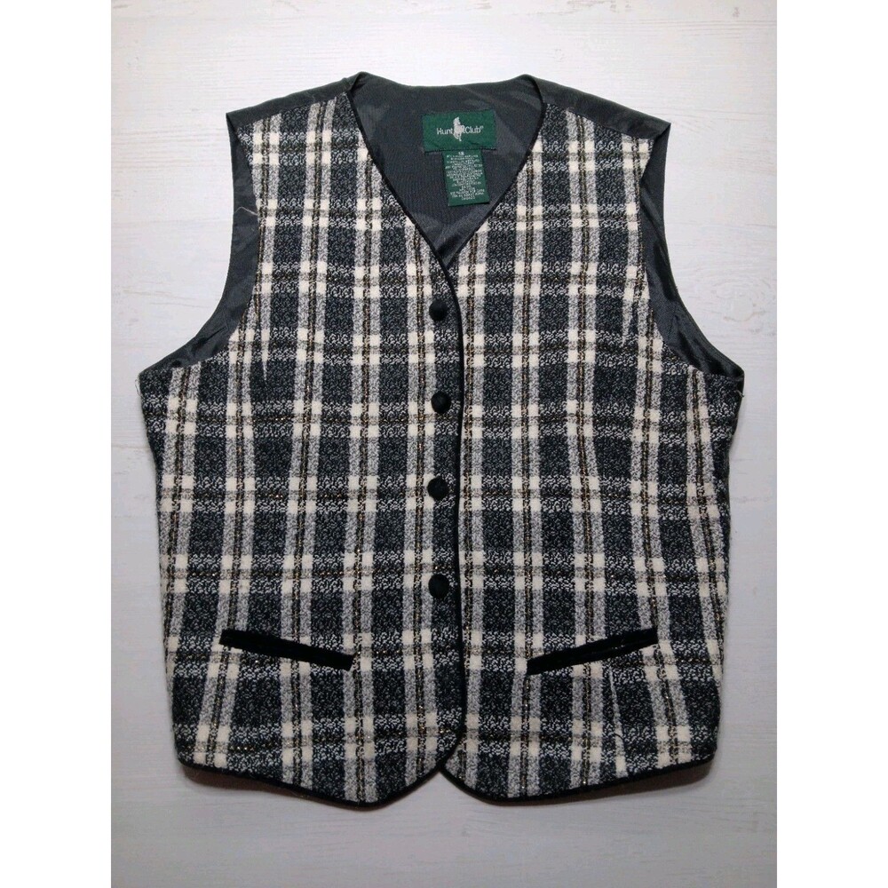 Hunt Club Vest Womens 12 Sleeveless Black White Gold Metallic Button Front Vtg